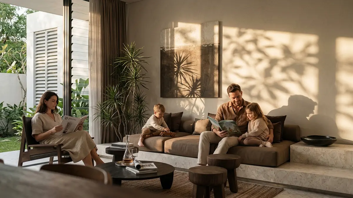 Family in villa living room