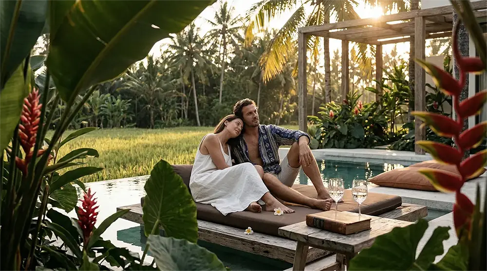 Couple at sunset by the pool
